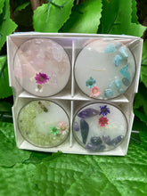 Load image into Gallery viewer, TEA LIGHT UNSCENTED CANDLES - INFUSED WITH CRYSTALS 4 PACK
